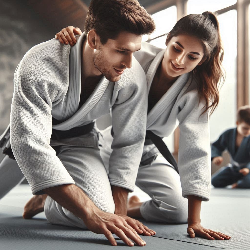 Casal praticando Jiu-Jitsu no tatame da PlayFight Academy