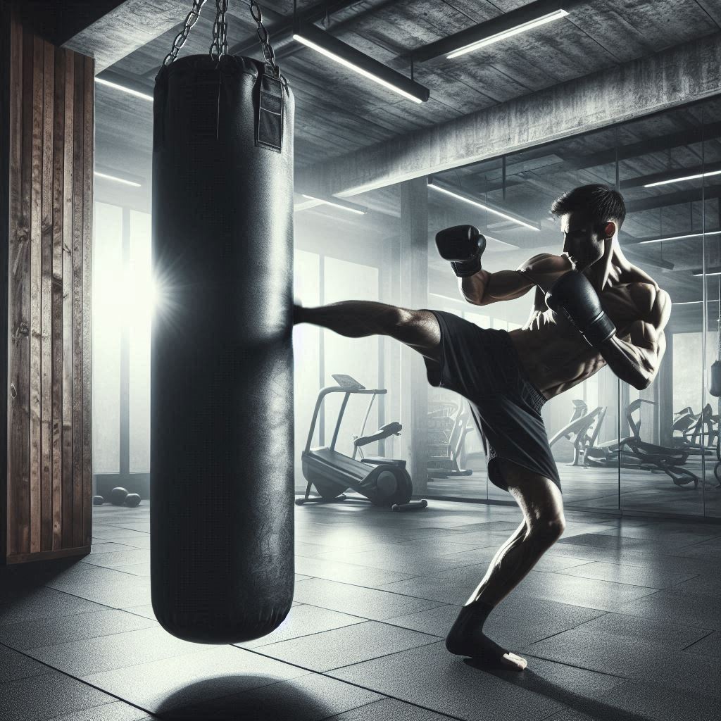 Atleta de Muay Thai treinando com saco de pancadas