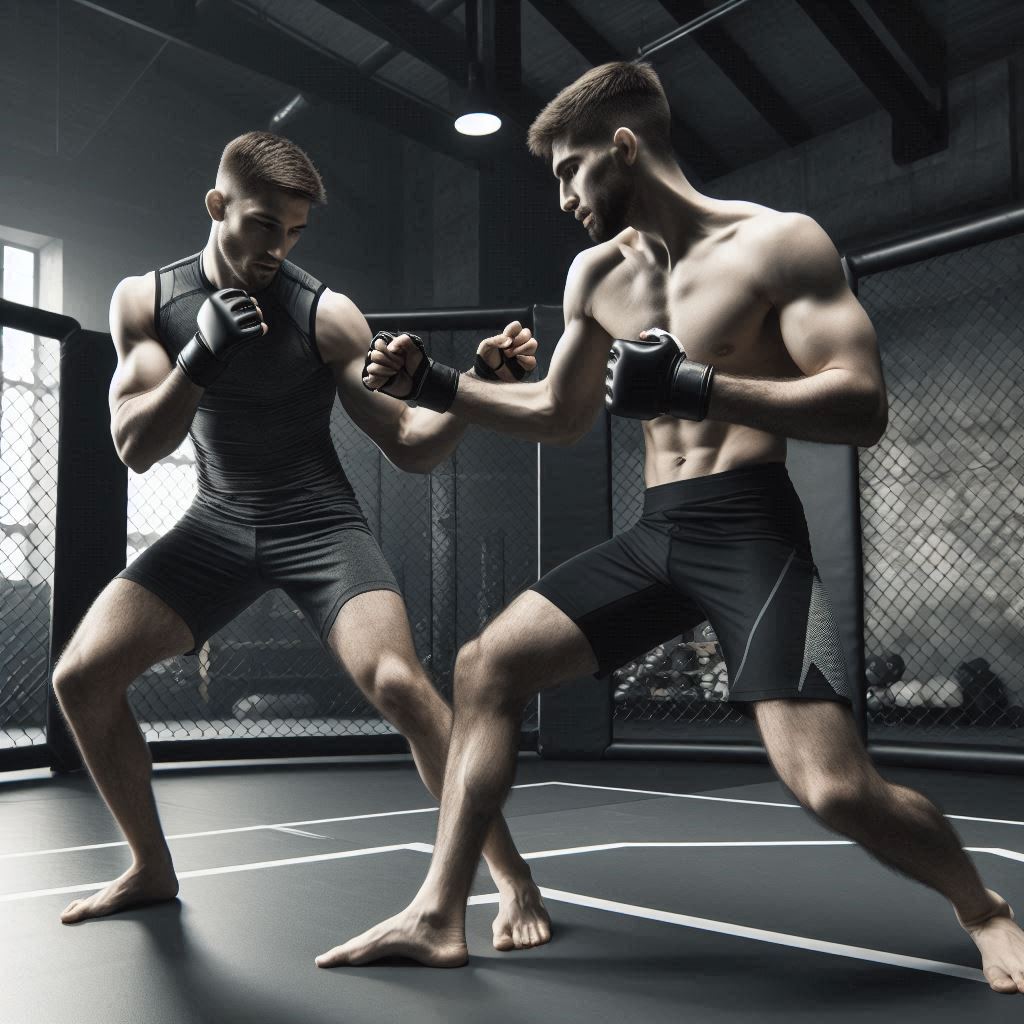 Dois atletas de MMA treinando técnicas de luta